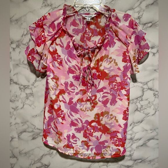 Steve Madden Womens Pink Orange White Floral Flutter Sleeve Blouse Shirt Medium - Picture 2 of 8